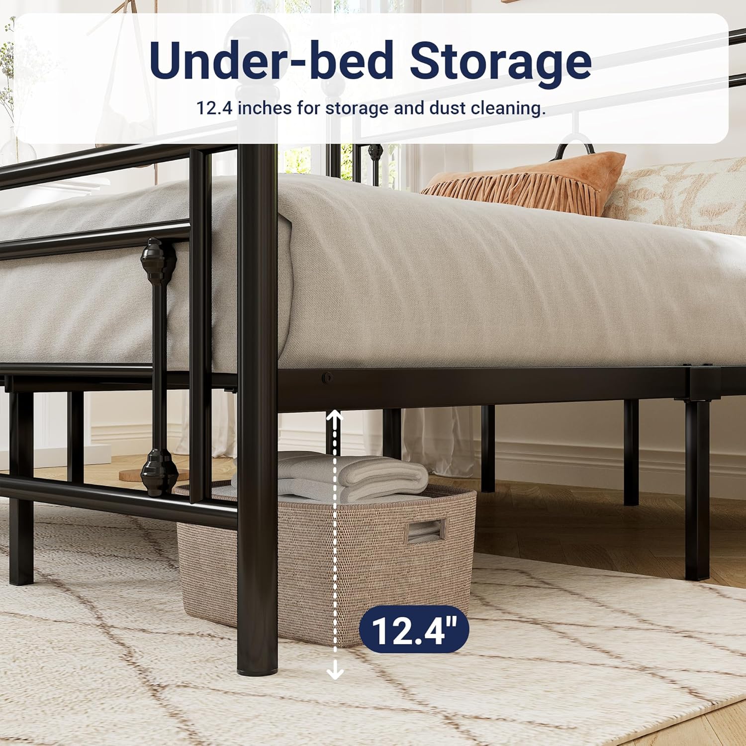 Allewie Queen Size Metal Platform Bed Frame with Victorian Vintage Headboard and FootboardMattress FoundationUnder Bed StorageNo Box Spring NeededNoiseFreeEasy Assembly BlackBlack