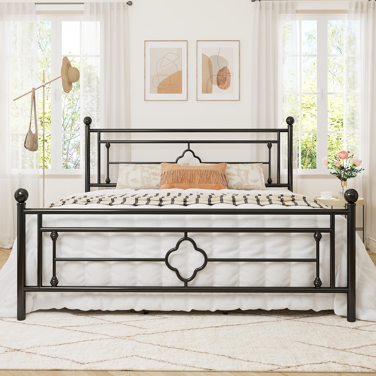 Allewie Queen Size Metal Platform Bed Frame with Victorian Vintage Headboard and FootboardMattress FoundationUnder Bed StorageNo Box Spring NeededNoiseFreeEasy Assembly BlackBlack