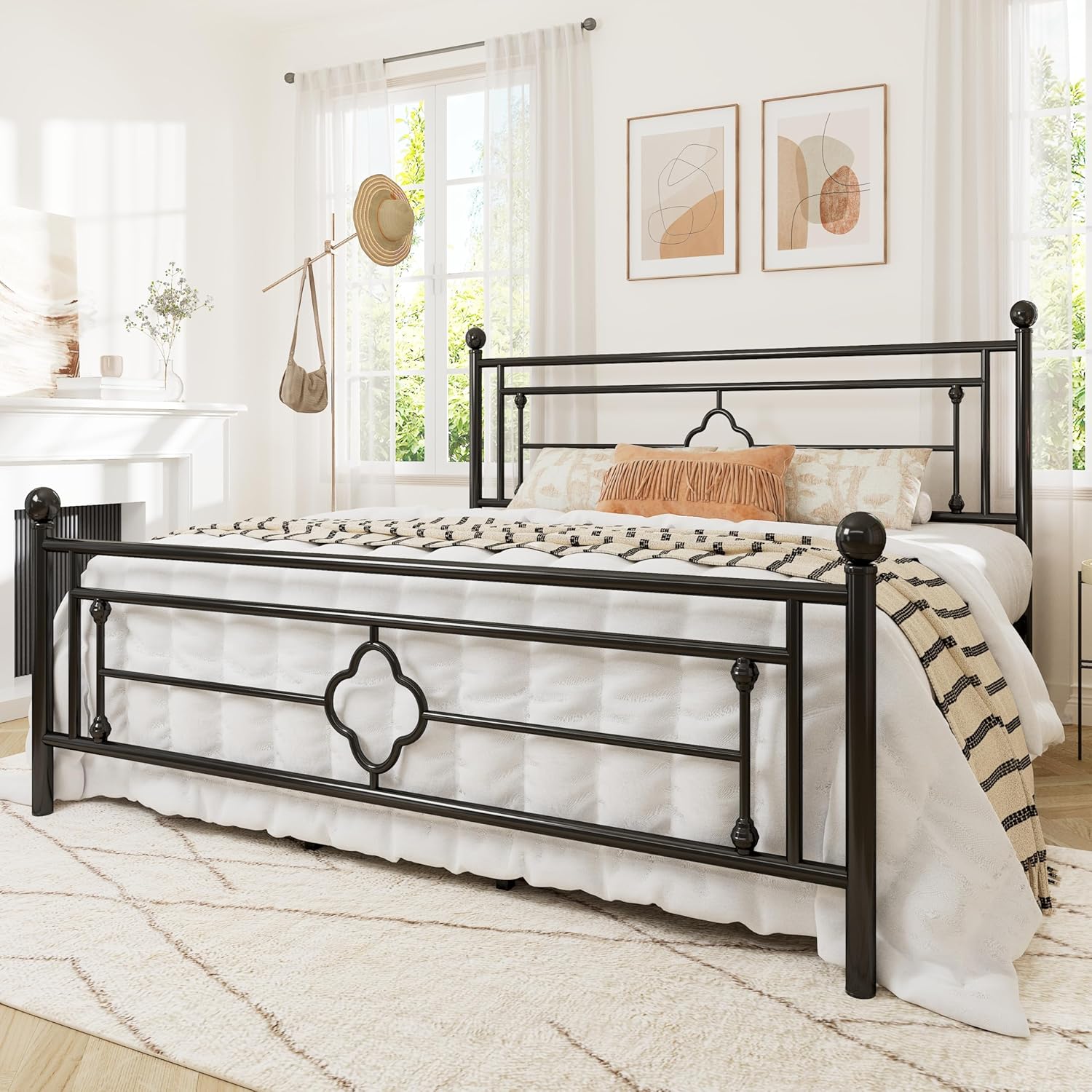 Allewie Queen Size Metal Platform Bed Frame with Victorian Vintage Headboard and FootboardMattress FoundationUnder Bed StorageNo Box Spring NeededNoiseFreeEasy Assembly BlackBlack