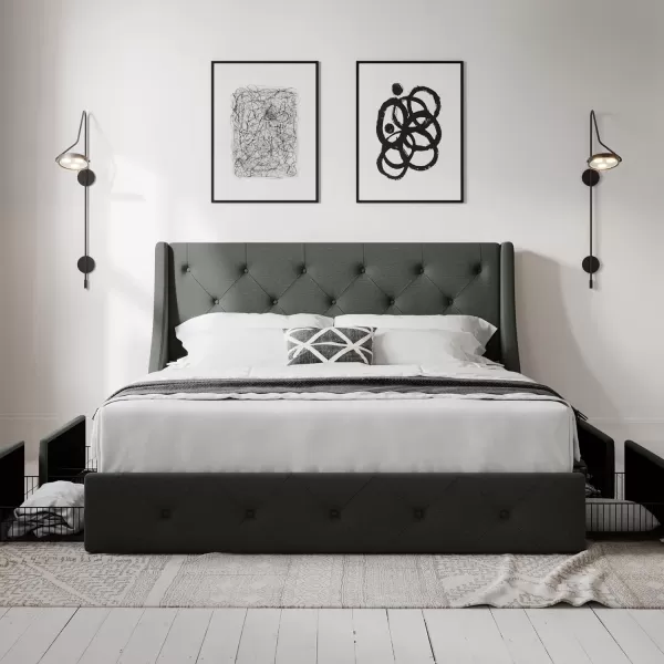 Allewie King Size Bed Frame with 4 Storage Drawers and Wingback Headboard Button Tufted Design No Box Spring Needed Dark GreyDark Grey