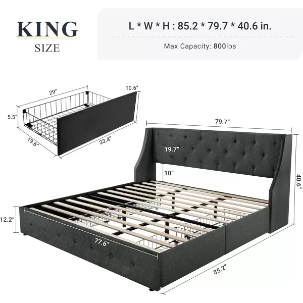 Allewie King Size Bed Frame with 4 Storage Drawers and Wingback Headboard Button Tufted Design No Box Spring Needed Dark GreyDark Grey