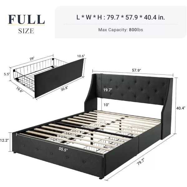 Allewie King Size Bed Frame with 4 Storage Drawers and Wingback Headboard Button Tufted Design No Box Spring Needed Dark GreyDark Grey