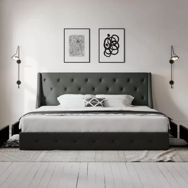 Allewie King Size Bed Frame with 4 Storage Drawers and Wingback Headboard Button Tufted Design No Box Spring Needed Dark GreyDark Grey