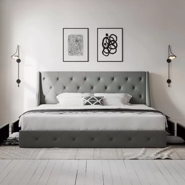 Allewie King Size Bed Frame with 4 Storage Drawers and Wingback Headboard Button Tufted Design No Box Spring Needed Dark GreyLight Grey