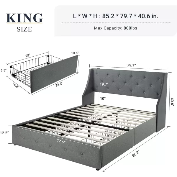 Allewie King Size Bed Frame with 4 Storage Drawers and Wingback Headboard Button Tufted Design No Box Spring Needed Dark GreyLight Grey