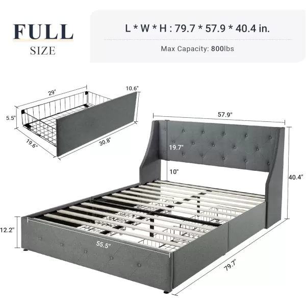 Allewie King Size Bed Frame with 4 Storage Drawers and Wingback Headboard Button Tufted Design No Box Spring Needed Dark GreyLight Grey