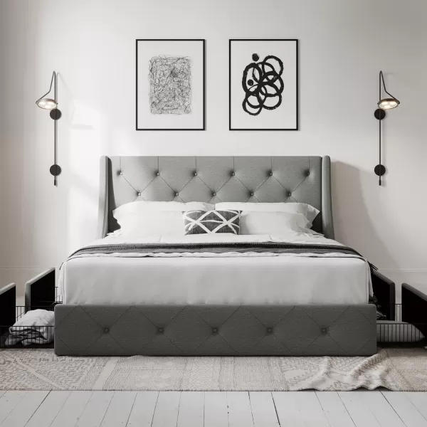 Allewie King Size Bed Frame with 4 Storage Drawers and Wingback Headboard Button Tufted Design No Box Spring Needed Dark GreyLight Grey