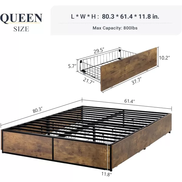 Allewie Platform Queen Bed Frame with 4 Large Storage Drawers Heavy Duty Metal Queen Bed Frame with Wooden Footboard ampamp 13 Strong Slats SupportNo Box Spring NeededNoise FreeQueen