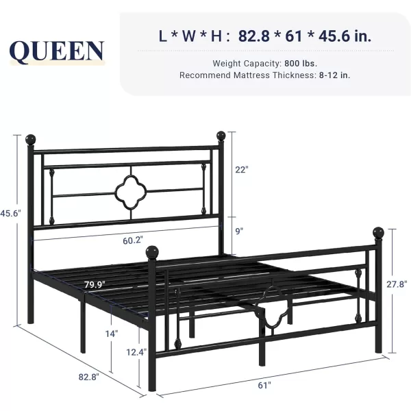 Allewie Queen Size Metal Platform Bed Frame with Victorian Vintage Headboard and FootboardMattress FoundationUnder Bed StorageNo Box Spring NeededNoiseFreeEasy Assembly BlackBlack