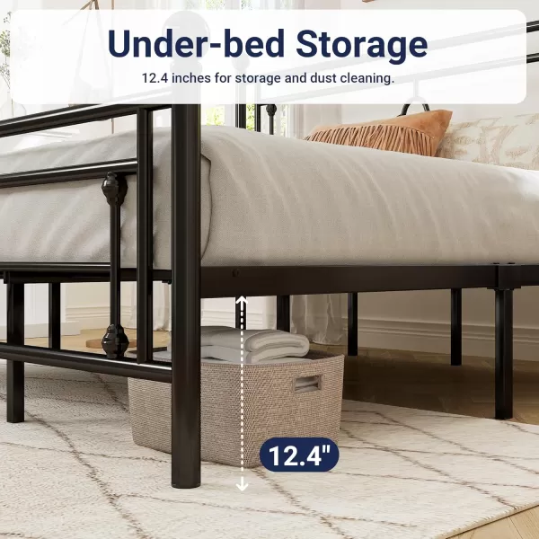 Allewie Queen Size Metal Platform Bed Frame with Victorian Vintage Headboard and FootboardMattress FoundationUnder Bed StorageNo Box Spring NeededNoiseFreeEasy Assembly BlackBlack