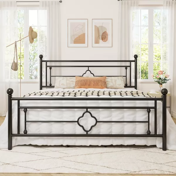 Allewie Queen Size Metal Platform Bed Frame with Victorian Vintage Headboard and FootboardMattress FoundationUnder Bed StorageNo Box Spring NeededNoiseFreeEasy Assembly BlackBlack