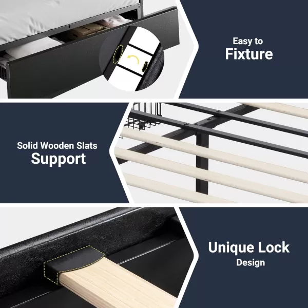 Allewie Queen Size Platform Bed Frame with 3 Storage Drawers Faux Leather Upholstered Wooden Slats Support No Box Spring Needed Easy Assembly BlackBlack Leather