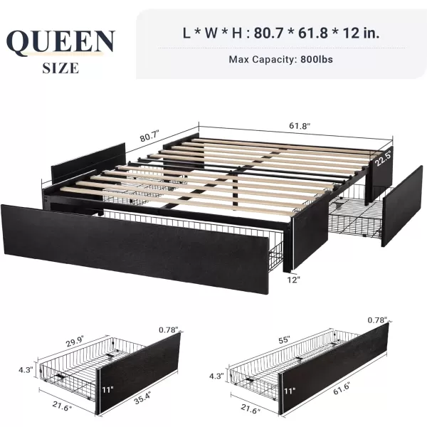 Allewie Queen Size Platform Bed Frame with 3 Storage Drawers Faux Leather Upholstered Wooden Slats Support No Box Spring Needed Easy Assembly BlackBlack Leather