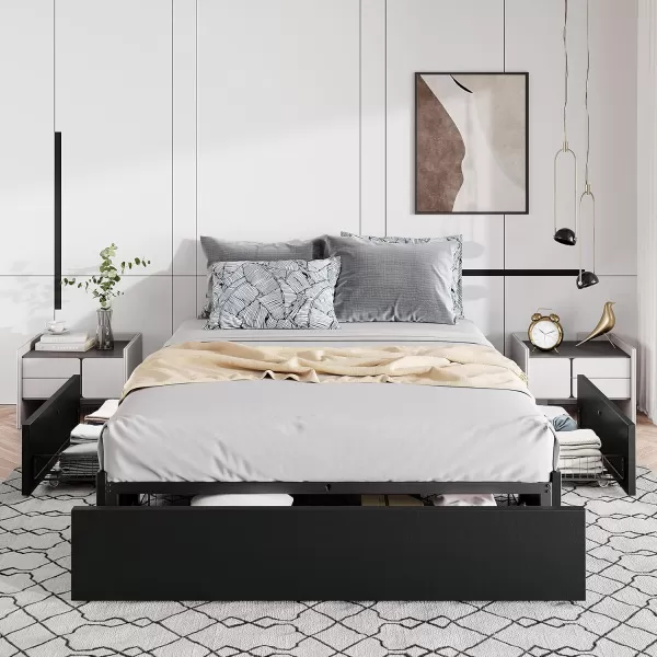 Allewie Queen Size Platform Bed Frame with 3 Storage Drawers Faux Leather Upholstered Wooden Slats Support No Box Spring Needed Easy Assembly BlackBlack Leather
