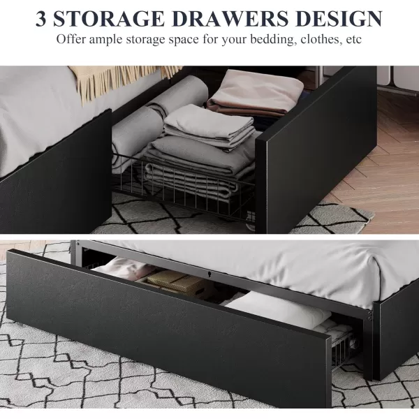 Allewie Queen Size Platform Bed Frame with 3 Storage Drawers Faux Leather Upholstered Wooden Slats Support No Box Spring Needed Easy Assembly BlackBlack Leather