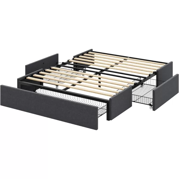 Allewie Queen Size Platform Bed Frame with 3 Storage Drawers Faux Leather Upholstered Wooden Slats Support No Box Spring Needed Easy Assembly BlackGrey Fabric