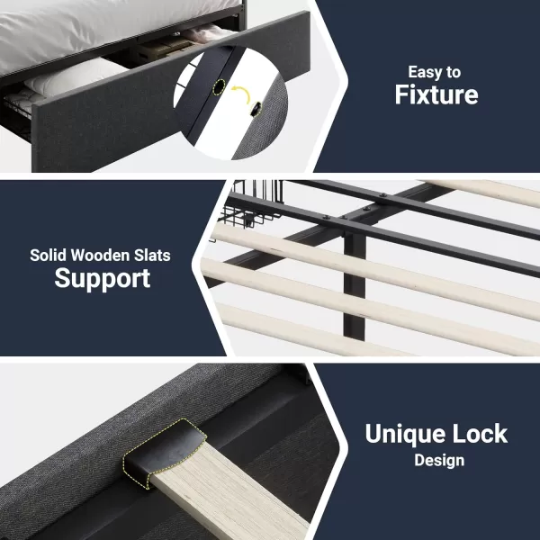 Allewie Queen Size Platform Bed Frame with 3 Storage Drawers Faux Leather Upholstered Wooden Slats Support No Box Spring Needed Easy Assembly BlackGrey Fabric