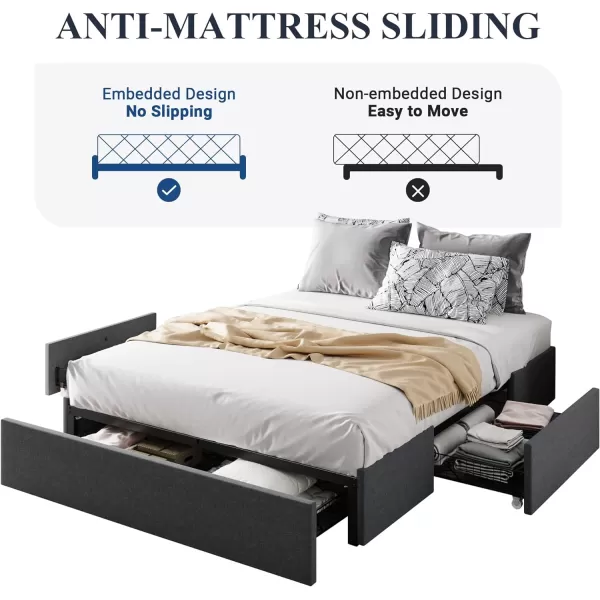 Allewie Queen Size Platform Bed Frame with 3 Storage Drawers Faux Leather Upholstered Wooden Slats Support No Box Spring Needed Easy Assembly BlackGrey Fabric