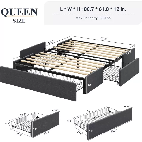 Allewie Queen Size Platform Bed Frame with 3 Storage Drawers Faux Leather Upholstered Wooden Slats Support No Box Spring Needed Easy Assembly BlackGrey Fabric