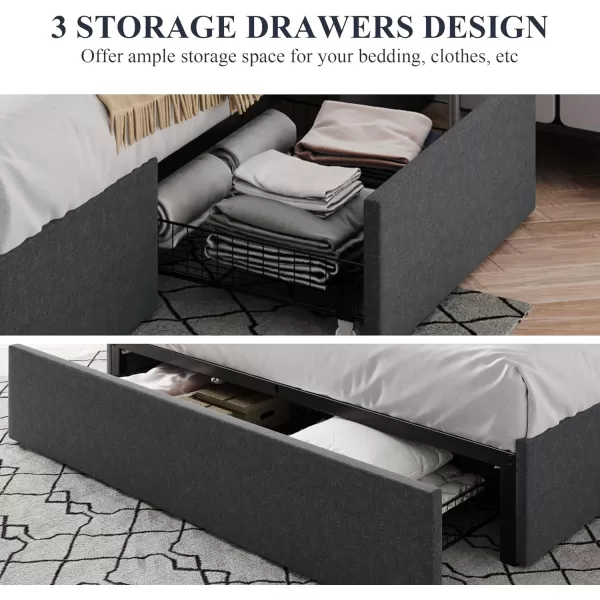 Allewie Queen Size Platform Bed Frame with 3 Storage Drawers Faux Leather Upholstered Wooden Slats Support No Box Spring Needed Easy Assembly BlackGrey Fabric