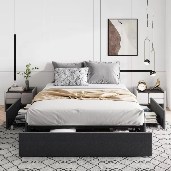 Allewie Queen Size Platform Bed Frame with 3 Storage Drawers Faux Leather Upholstered Wooden Slats Support No Box Spring Needed Easy Assembly BlackGrey Fabric