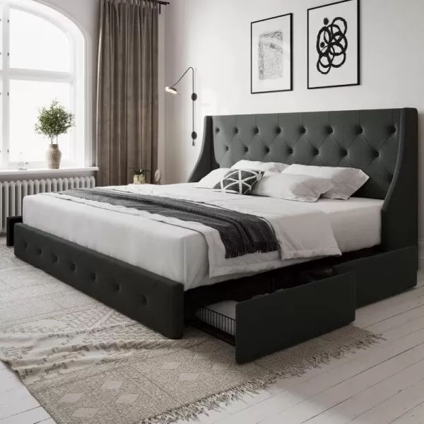 Allewie King Size Bed Frame with 4 Storage Drawers and Wingback Headboard Button Tufted Design No Box Spring Needed Dark GreyDark Grey