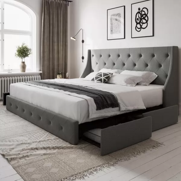 Allewie King Size Bed Frame with 4 Storage Drawers and Wingback Headboard Button Tufted Design No Box Spring Needed Dark GreyLight Grey