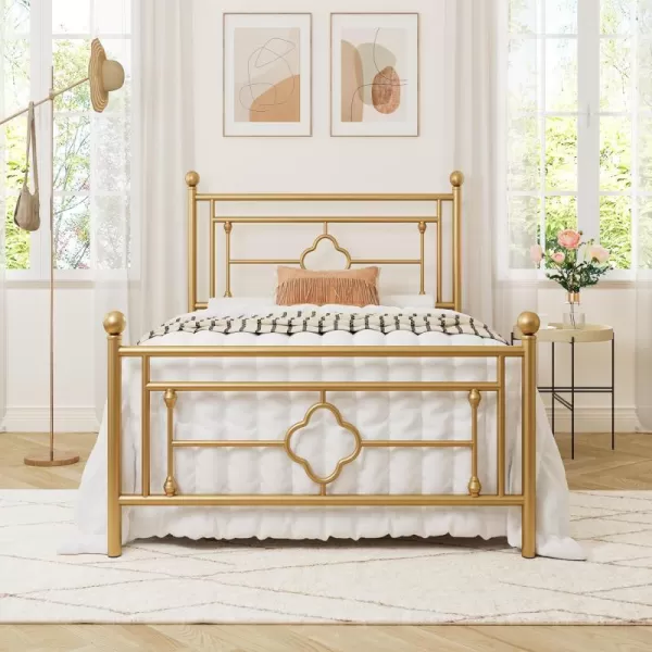 Allewie Queen Size Metal Platform Bed Frame with Victorian Vintage Headboard and FootboardMattress FoundationUnder Bed StorageNo Box Spring NeededNoiseFreeEasy Assembly BlackGold