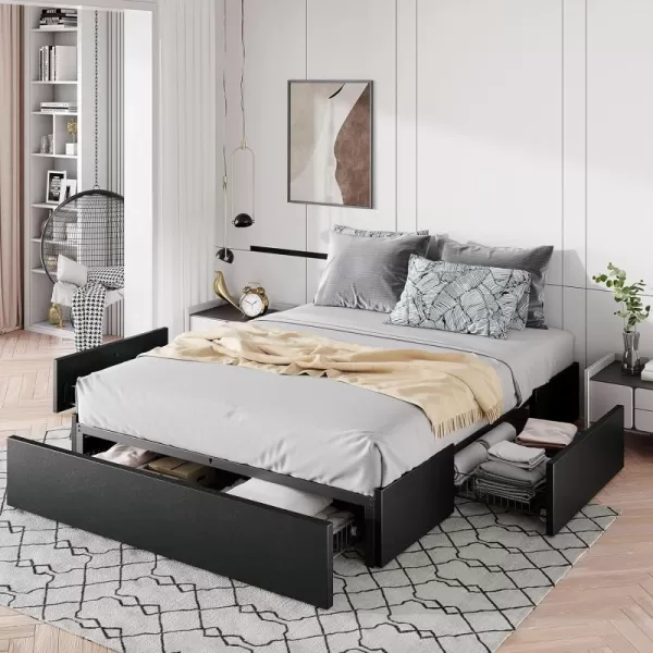 Allewie Queen Size Platform Bed Frame with 3 Storage Drawers Faux Leather Upholstered Wooden Slats Support No Box Spring Needed Easy Assembly BlackBlack Leather