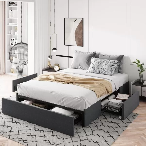 Allewie Queen Size Platform Bed Frame with 3 Storage Drawers Faux Leather Upholstered Wooden Slats Support No Box Spring Needed Easy Assembly BlackGrey Fabric