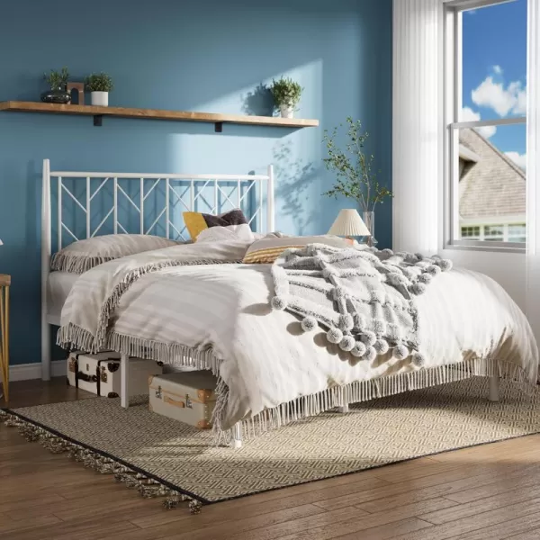Allewie Queen Size Platform Bed Frame with Vintage Headboard 14 Inches Metal Mattress Foundation for Storage No Box Spring Needed Easy Assembly Modern WhiteWhite