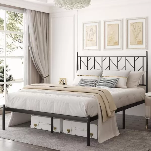 Allewie Queen Size Platform Bed Frame with Vintage Headboard 14 Inches Metal Mattress Foundation for Storage No Box Spring Needed Easy Assembly Modern WhiteBlack