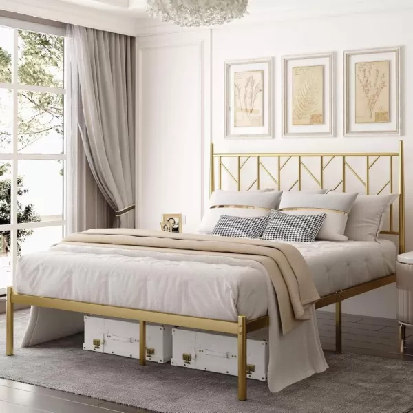 Allewie Queen Size Platform Bed Frame with Vintage Headboard 14 Inches Metal Mattress Foundation for Storage No Box Spring Needed Easy Assembly Modern WhiteGold