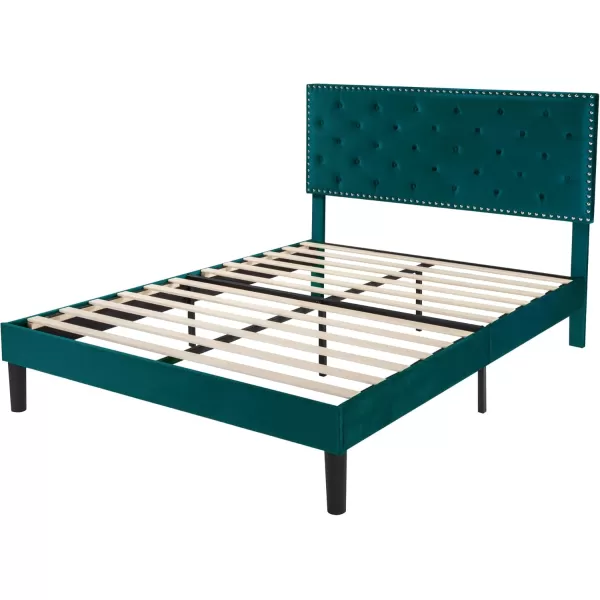 Allewie King Bed Frame Velvet Upholstered Platform Bed with Adjustable Diamond Button Tufted ampamp Nailhead Trim Headboard Wood Slat Support Easy Assembly No Box Spring Needed Dark GreenTeal Blue