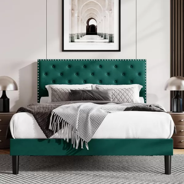 Allewie King Bed Frame Velvet Upholstered Platform Bed with Adjustable Diamond Button Tufted ampamp Nailhead Trim Headboard Wood Slat Support Easy Assembly No Box Spring Needed Dark GreenDark Green