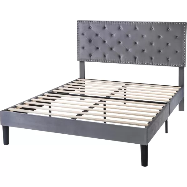 Allewie King Bed Frame Velvet Upholstered Platform Bed with Adjustable Diamond Button Tufted ampamp Nailhead Trim Headboard Wood Slat Support Easy Assembly No Box Spring Needed Dark GreenLight Grey