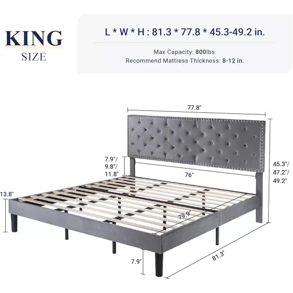 Allewie King Bed Frame Velvet Upholstered Platform Bed with Adjustable Diamond Button Tufted ampamp Nailhead Trim Headboard Wood Slat Support Easy Assembly No Box Spring Needed Dark GreenLight Grey