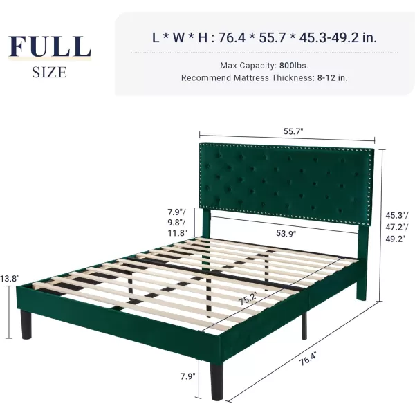 Allewie King Bed Frame Velvet Upholstered Platform Bed with Adjustable Diamond Button Tufted ampamp Nailhead Trim Headboard Wood Slat Support Easy Assembly No Box Spring Needed Dark GreenDark Green