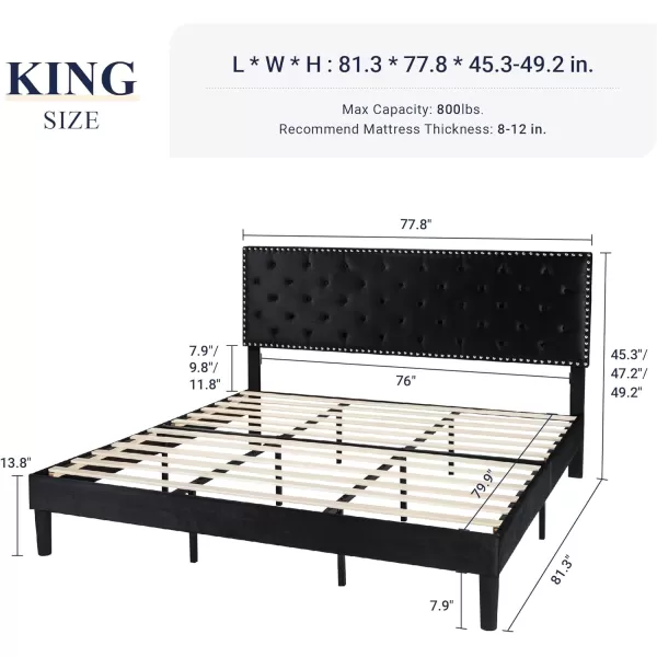 Allewie King Bed Frame Velvet Upholstered Platform Bed with Adjustable Diamond Button Tufted ampamp Nailhead Trim Headboard Wood Slat Support Easy Assembly No Box Spring Needed Dark GreenBlack