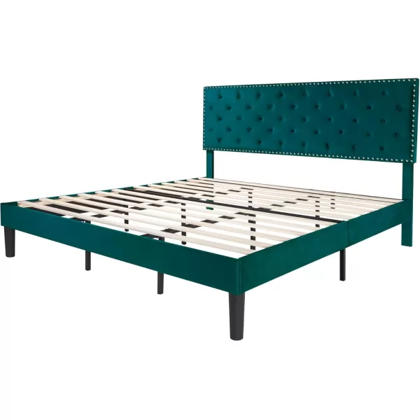 Allewie King Bed Frame Velvet Upholstered Platform Bed with Adjustable Diamond Button Tufted ampamp Nailhead Trim Headboard Wood Slat Support Easy Assembly No Box Spring Needed Dark GreenTeal Blue