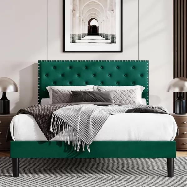 Allewie King Bed Frame Velvet Upholstered Platform Bed with Adjustable Diamond Button Tufted ampamp Nailhead Trim Headboard Wood Slat Support Easy Assembly No Box Spring Needed Dark GreenDark Green