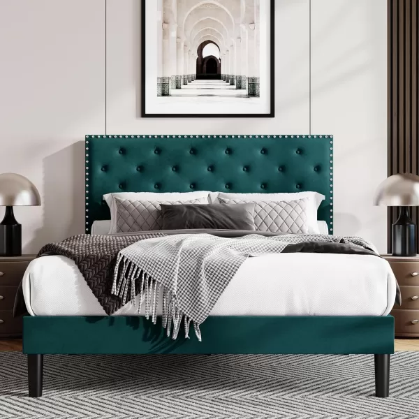 Allewie King Bed Frame Velvet Upholstered Platform Bed with Adjustable Diamond Button Tufted ampamp Nailhead Trim Headboard Wood Slat Support Easy Assembly No Box Spring Needed Dark GreenTeal Blue