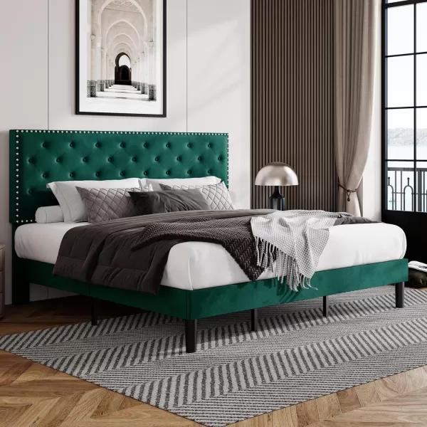 Allewie King Bed Frame Velvet Upholstered Platform Bed with Adjustable Diamond Button Tufted ampamp Nailhead Trim Headboard Wood Slat Support Easy Assembly No Box Spring Needed Dark GreenDark Green