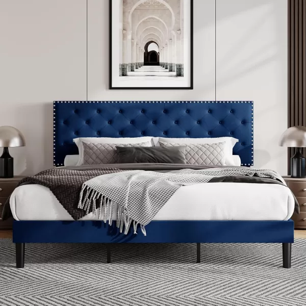 Allewie King Bed Frame Velvet Upholstered Platform Bed with Adjustable Diamond Button Tufted ampamp Nailhead Trim Headboard Wood Slat Support Easy Assembly No Box Spring Needed Dark GreenNavy Blue