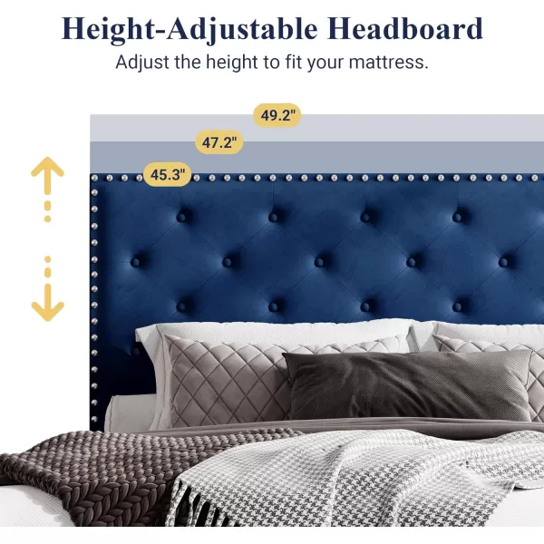 Allewie King Bed Frame Velvet Upholstered Platform Bed with Adjustable Diamond Button Tufted ampamp Nailhead Trim Headboard Wood Slat Support Easy Assembly No Box Spring Needed Dark GreenNavy Blue