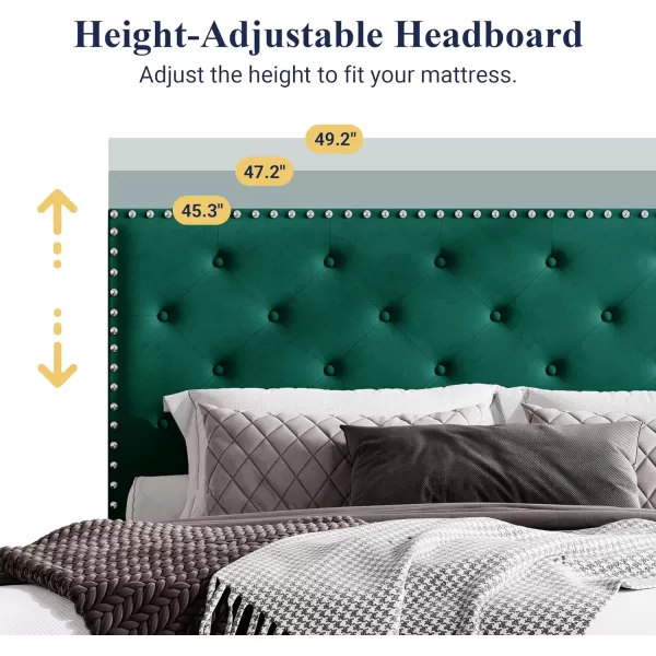 Allewie King Bed Frame Velvet Upholstered Platform Bed with Adjustable Diamond Button Tufted ampamp Nailhead Trim Headboard Wood Slat Support Easy Assembly No Box Spring Needed Dark GreenDark Green