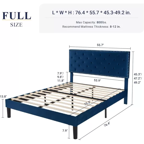 Allewie King Bed Frame Velvet Upholstered Platform Bed with Adjustable Diamond Button Tufted ampamp Nailhead Trim Headboard Wood Slat Support Easy Assembly No Box Spring Needed Dark GreenNavy Blue