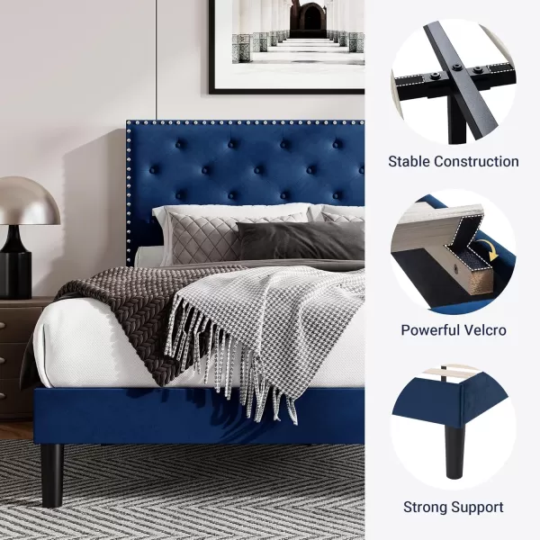 Allewie King Bed Frame Velvet Upholstered Platform Bed with Adjustable Diamond Button Tufted ampamp Nailhead Trim Headboard Wood Slat Support Easy Assembly No Box Spring Needed Dark GreenNavy Blue