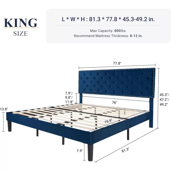 Allewie King Bed Frame Velvet Upholstered Platform Bed with Adjustable Diamond Button Tufted ampamp Nailhead Trim Headboard Wood Slat Support Easy Assembly No Box Spring Needed Dark GreenNavy Blue