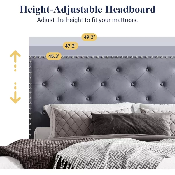 Allewie King Bed Frame Velvet Upholstered Platform Bed with Adjustable Diamond Button Tufted ampamp Nailhead Trim Headboard Wood Slat Support Easy Assembly No Box Spring Needed Dark GreenLight Grey